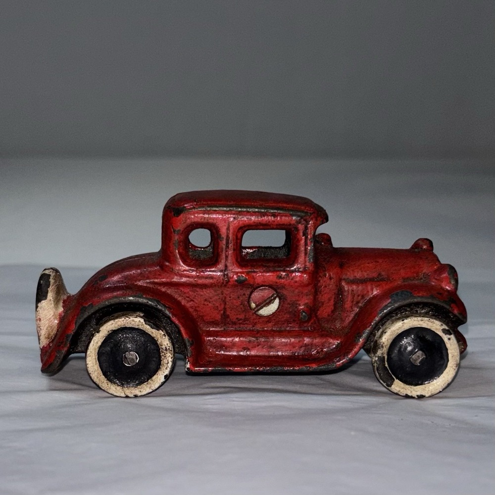 Vintage 1930s Cast Iron Car 4 1/4" Metal Wheels Toy Red AC Williams Ford Model A